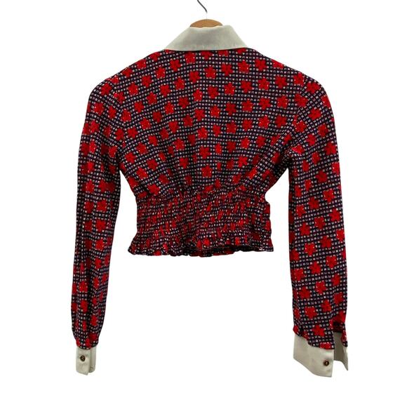 Vintage smocked waist red floral plaid collar top - Picture 4 of 5